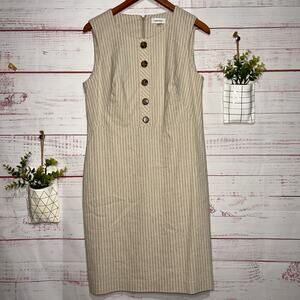 Calvin Klein Rhea Button Detail Beige & White Pinstripe Dress | Women's Size 12